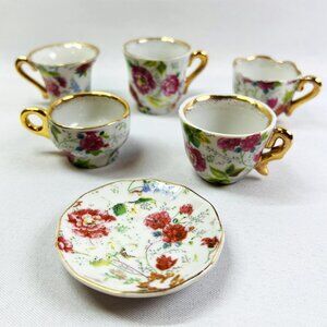 Vintage FIVE Miniature Porcelain Teacups & Plate Pink Floral Rose Gold Gilt